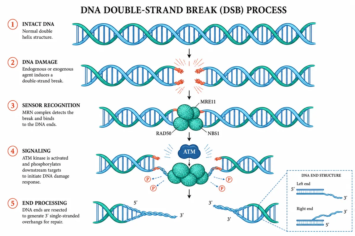 Five-step DNA double-strand break process figure generated by PaperPict: intact DNA, damage, sensor recognition by the MRN complex, ATM signalling, and end processing