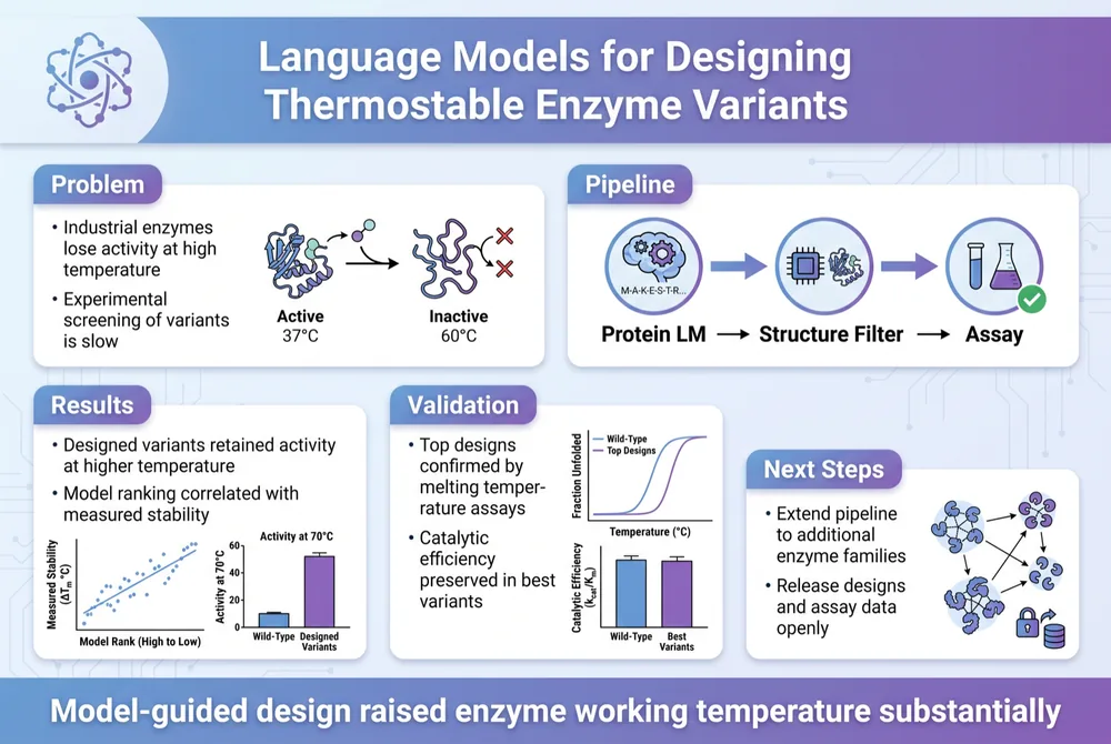 Graphical abstract generated by PaperPict from a paper PDF: Language Models for Designing Thermostable Enzyme Variants, with problem, pipeline, results, validation, and next steps panels